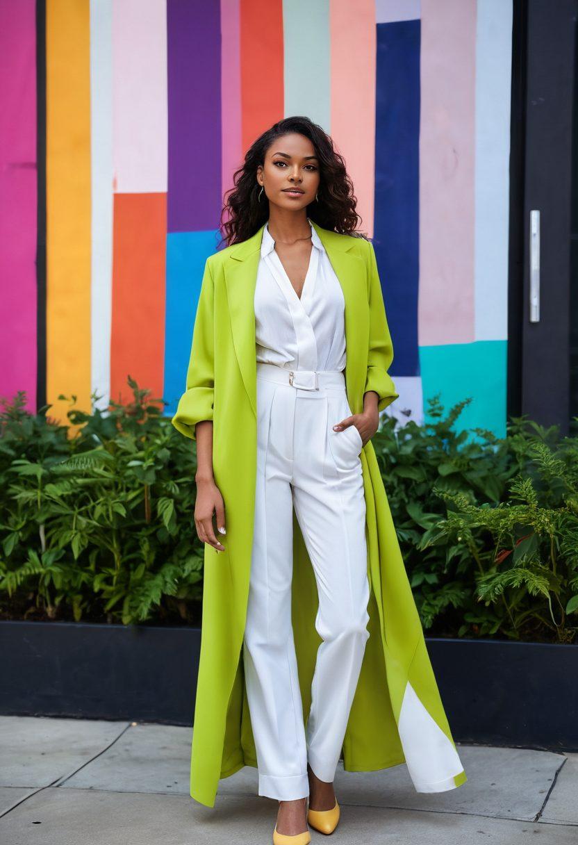 A stylish woman elegantly dressed in a flowing outfit, surrounded by fashion sketches and vibrant color swatches, standing confidently in a modern, chic urban environment. Include elements of nature, like lush greenery, to symbolize life insights, and infuse an aura of empowerment through her posture and expression. The background hints at city life with subtle hints of trends in clothing and accessories. super-realistic. vibrant colors. editorial style.